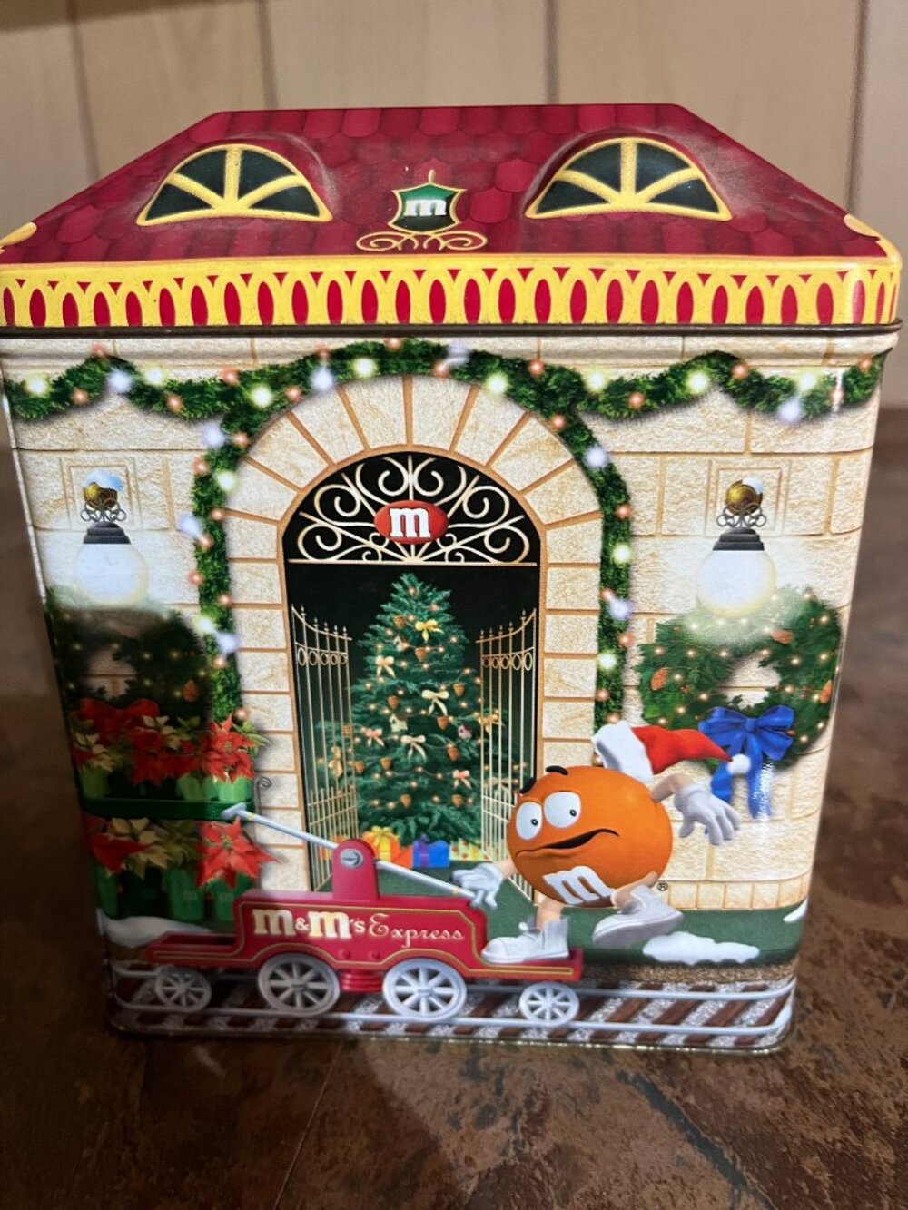 M&M's Train Depot Holiday Tin Container Metal Candy Storage